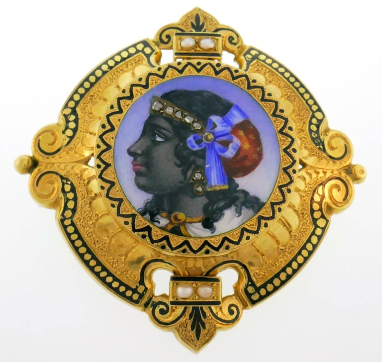 Victorian Enamel Painting Gold Pin Brooch Necklace Pendant - 5
