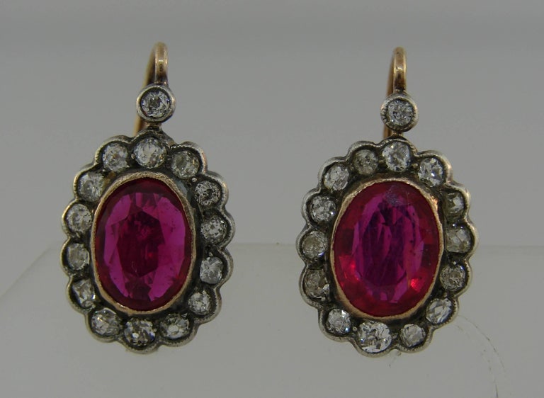 Ruby Diamond Silver Gold Cluster Drop Stud Earrings - 2