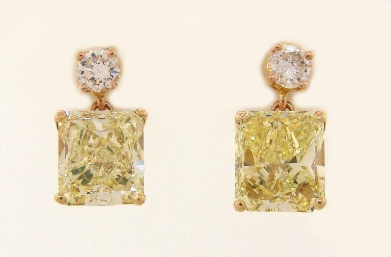 Fancy Yellow GIA and White Diamond Gold Two-Stone Stud Drop Earrings - 2