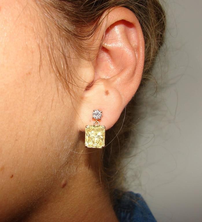 Fancy Yellow GIA and White Diamond Gold Two-Stone Stud Drop Earrings - 4