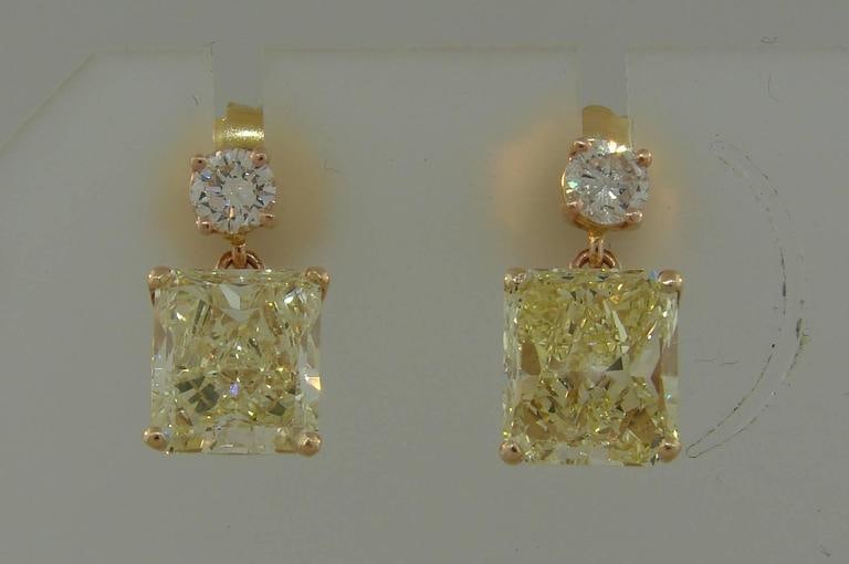 Fancy Yellow GIA and White Diamond Gold Two-Stone Stud Drop Earrings - 5