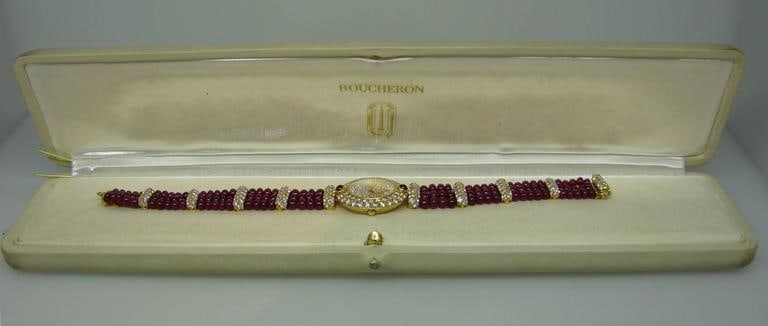 Vintage Boucheron 18k Yellow Gold Lady's Wristwatch Diamond Ruby Quartz - 10