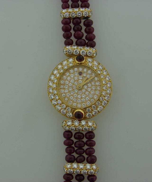 Vintage Boucheron 18k Yellow Gold Lady's Wristwatch Diamond Ruby Quartz - 2