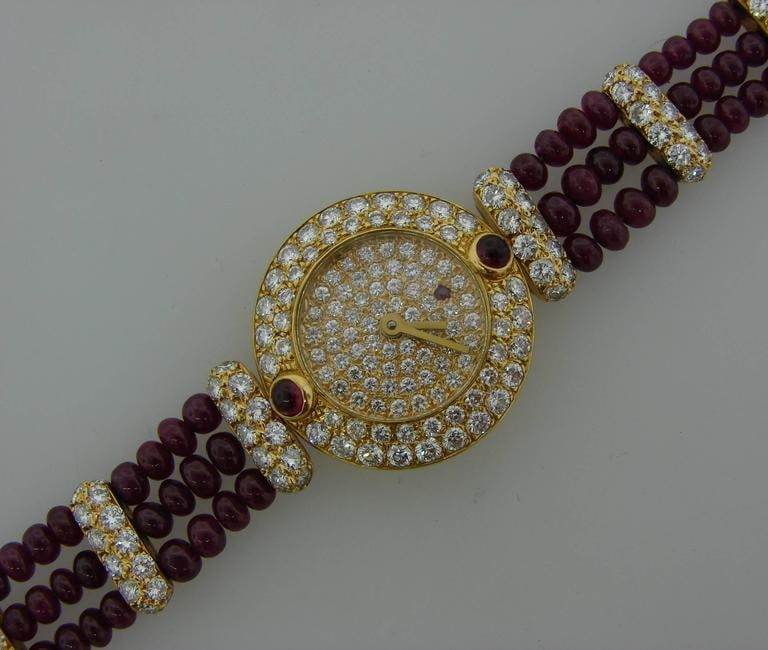 Vintage Boucheron 18k Yellow Gold Lady's Wristwatch Diamond Ruby Quartz - 4
