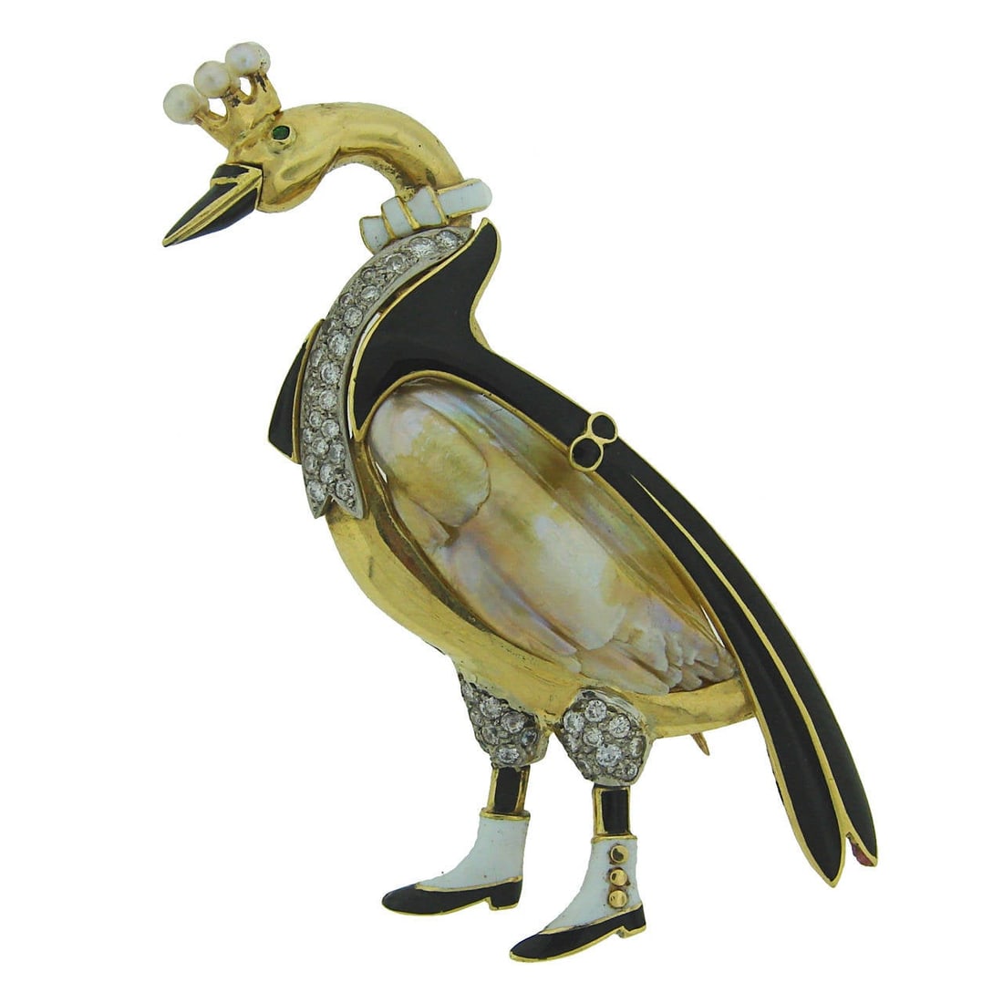 J.E. Caldwell Enamel Natural Pearl Diamond Gold Swan Brooch Pin: Title: J.E. Caldwell Enamel Natural Pearl Diamond Gold Swan Brooch Pin Description: Adorable swan brooch created by J.E. Caldwell in the 1950's! Features an amazing 15.56-ct baroque natural freshwater