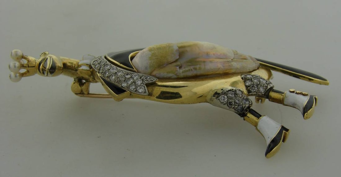 J.E. Caldwell Enamel Natural Pearl Diamond Gold Swan Brooch Pin - 4