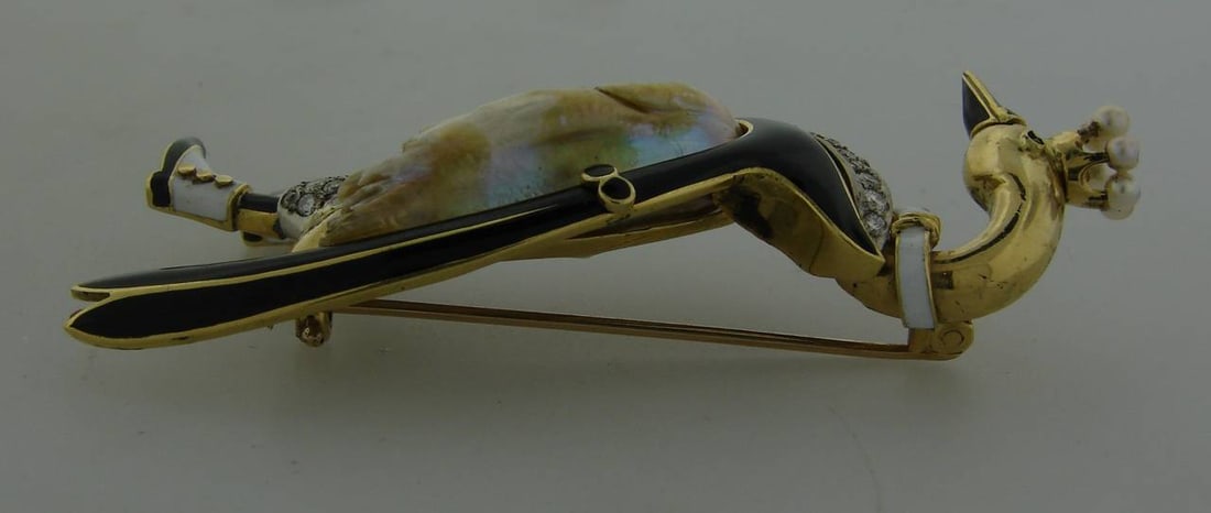 J.E. Caldwell Enamel Natural Pearl Diamond Gold Swan Brooch Pin - 5
