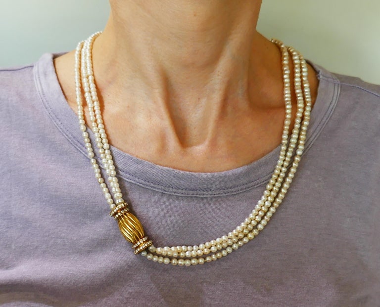 Natural Saltwater Pearl Necklace with Diamond Gold Clasp - 10