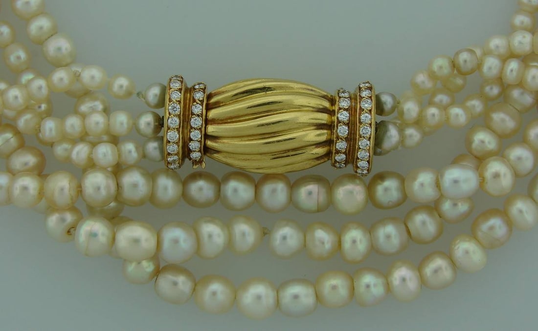 Natural Saltwater Pearl Necklace with Diamond Gold Clasp - 5