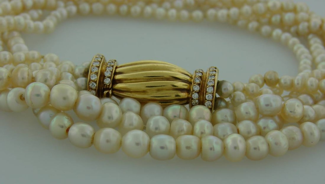 Natural Saltwater Pearl Necklace with Diamond Gold Clasp - 6