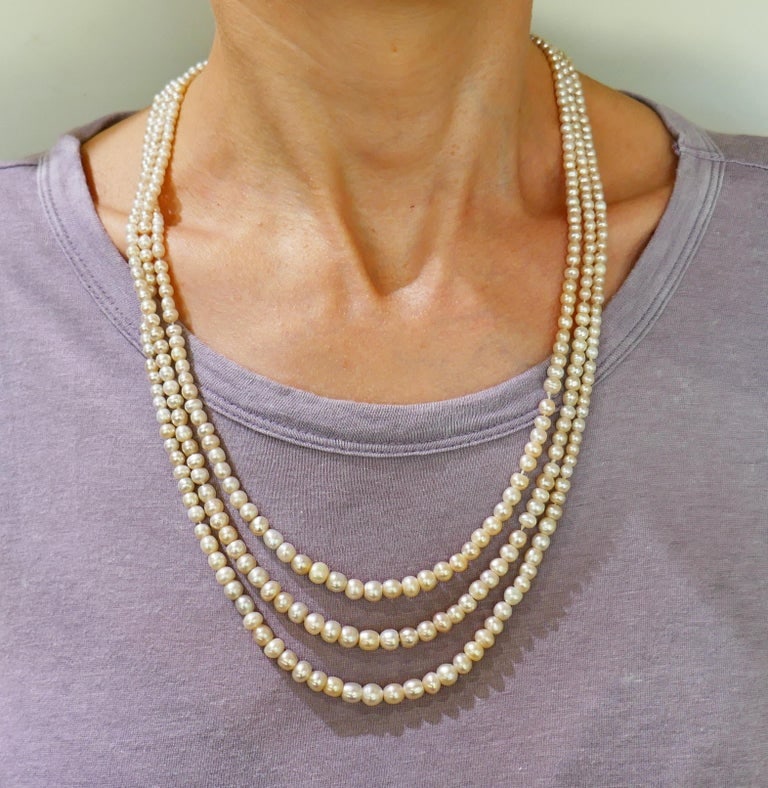 Natural Saltwater Pearl Necklace with Diamond Gold Clasp - 9