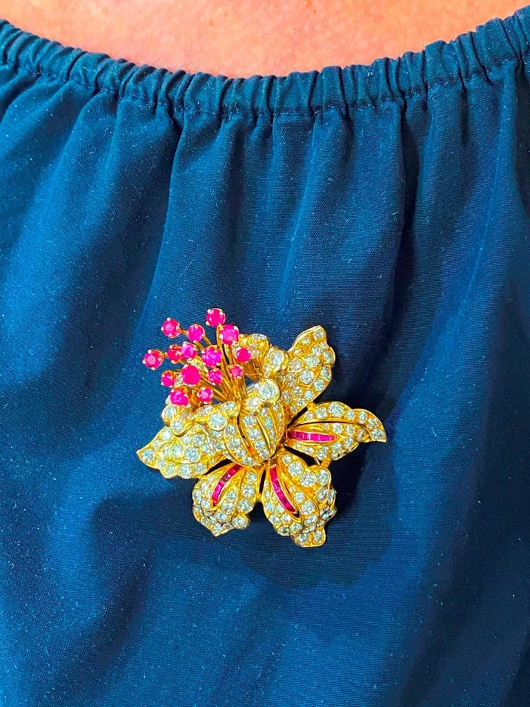 RENE BOIVIN Diamond Ruby & Yellow Gold Tremblant Brooch Pin - 10