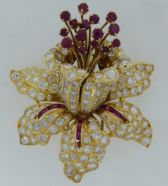 RENE BOIVIN Diamond Ruby & Yellow Gold Tremblant Brooch Pin - 6
