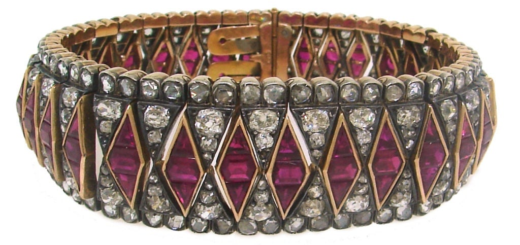 Antique Diamond Ruby Silver Rose Gold Bracelet, 1890s - 2