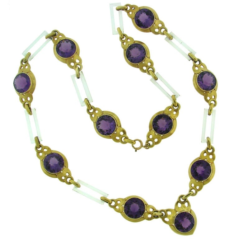 Vintage Cartier Necklace Yellow Gold Amethyst Horn: Title: Vintage Cartier Necklace Yellow Gold Amethyst Horn Description: Stunning one-of-a-kind necklace created by Cartier New York in 1931. It is made of 14 karat yellow gold and horn and set with
