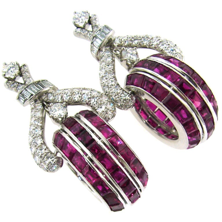 Vintage French cut Ruby Diamond Platinum Earrings (1 of 8)