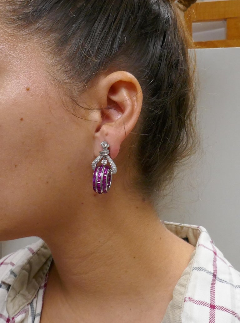 Vintage French cut Ruby Diamond Platinum Earrings - 2