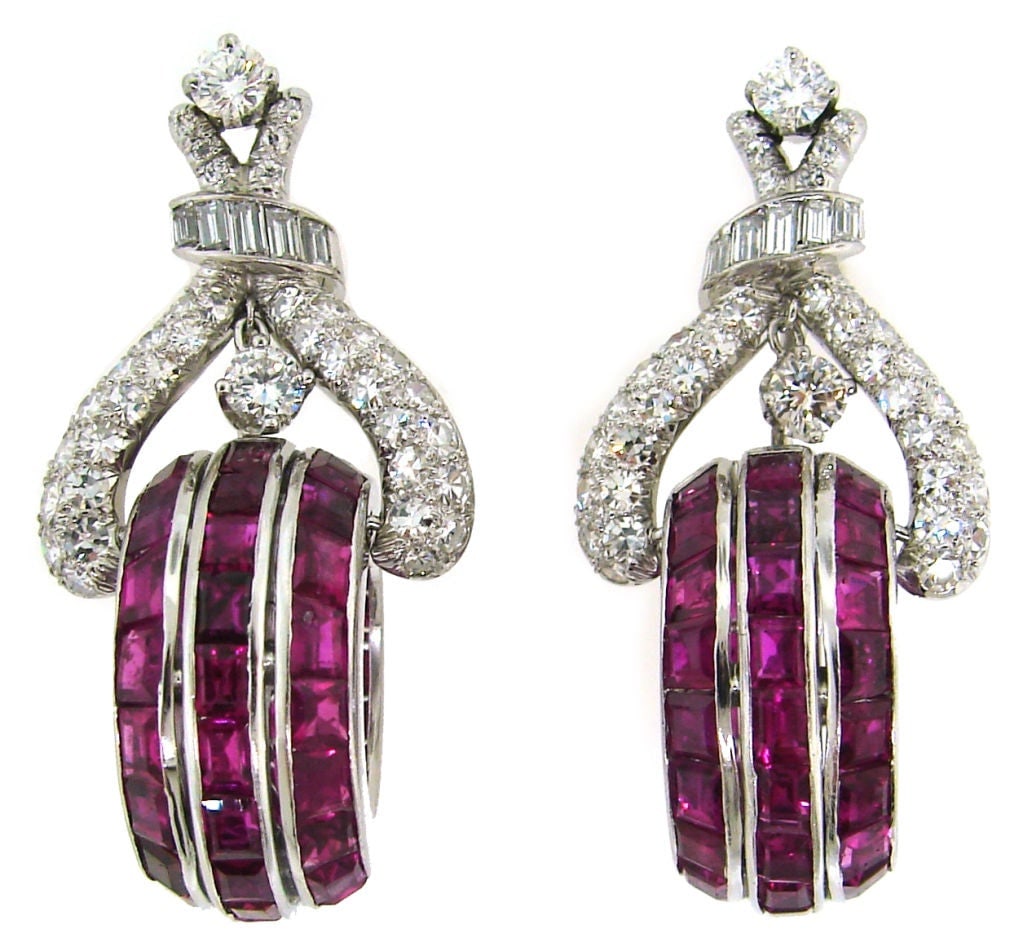 Vintage French cut Ruby Diamond Platinum Earrings - 3