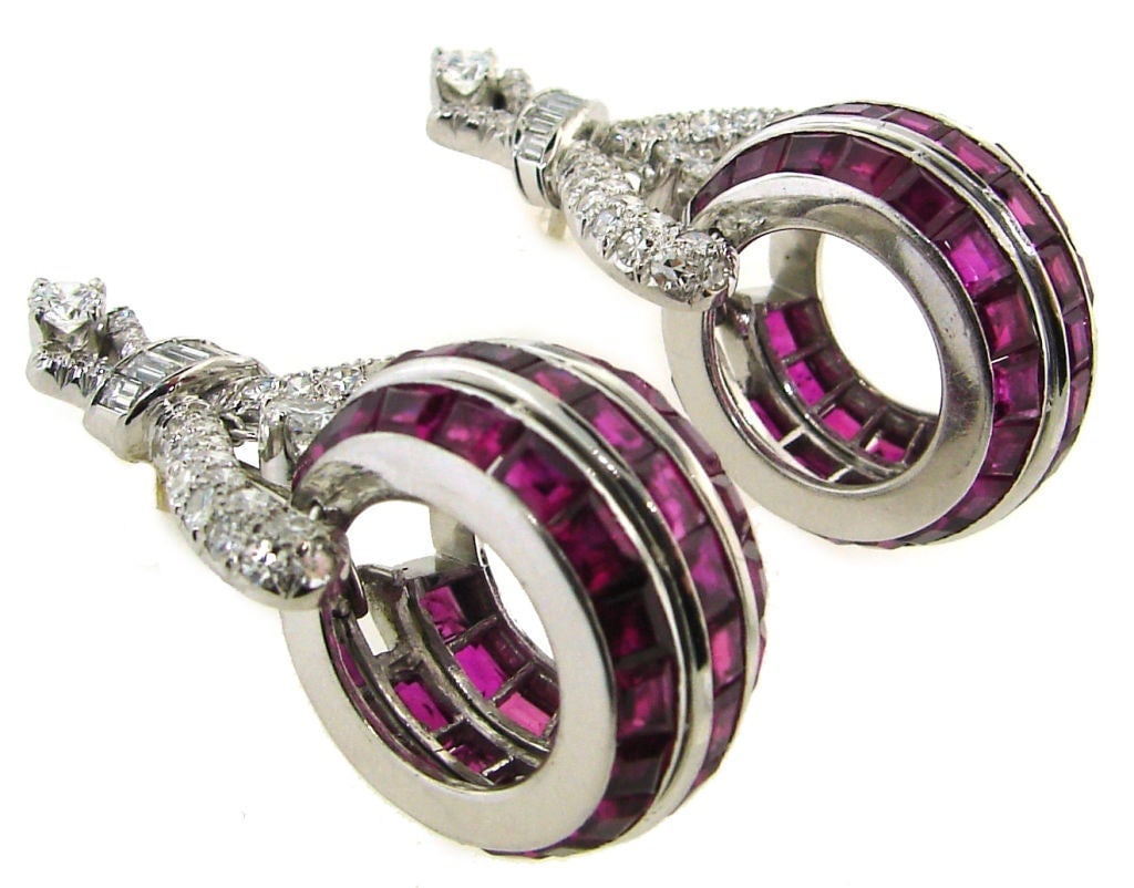 Vintage French cut Ruby Diamond Platinum Earrings - 4