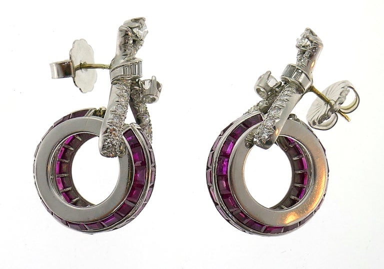 Vintage French cut Ruby Diamond Platinum Earrings - 7