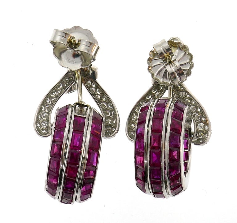 Vintage French cut Ruby Diamond Platinum Earrings - 8