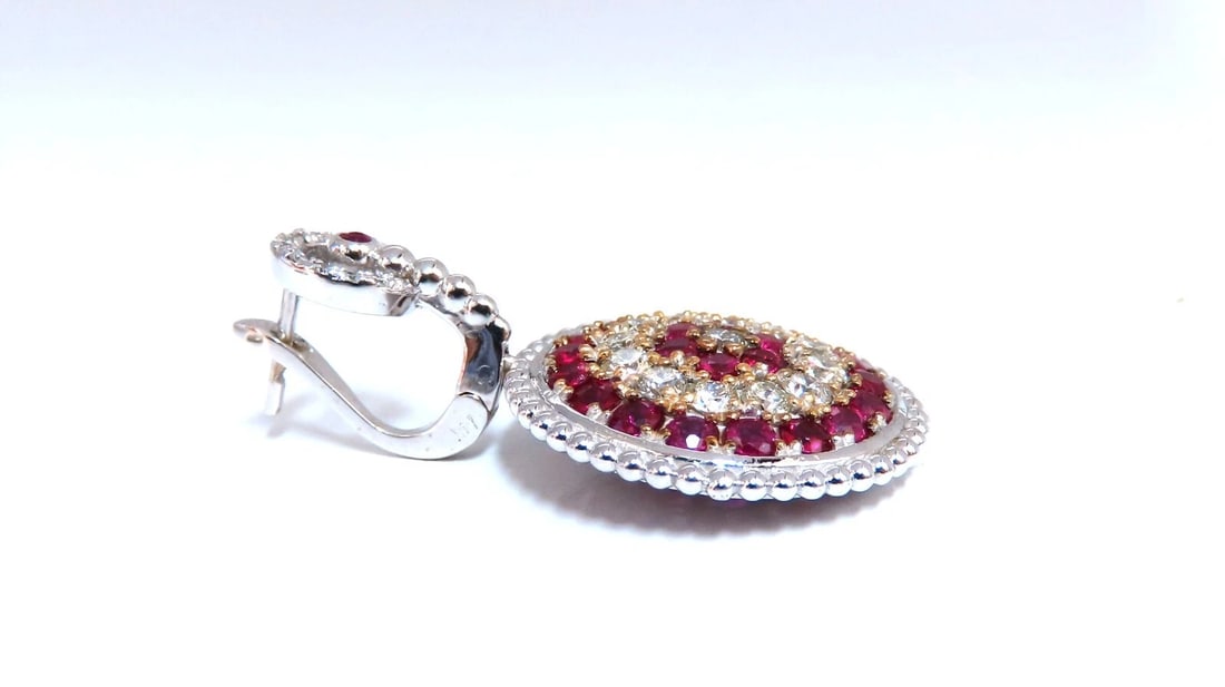 Natural 5.20ct Ruby Diamonds Dangle Earrings 14kt Bullseye Statement - 3
