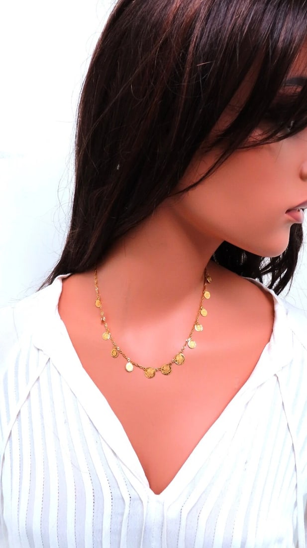 22kt Gold Flower Motif Dangling Disc Necklace 17 inch - 2