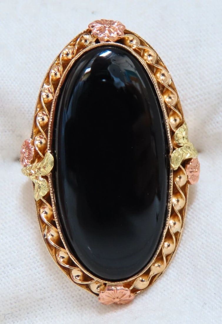 Natural Black Onyx Vintage Ring 14kt Gothic Deco - 2