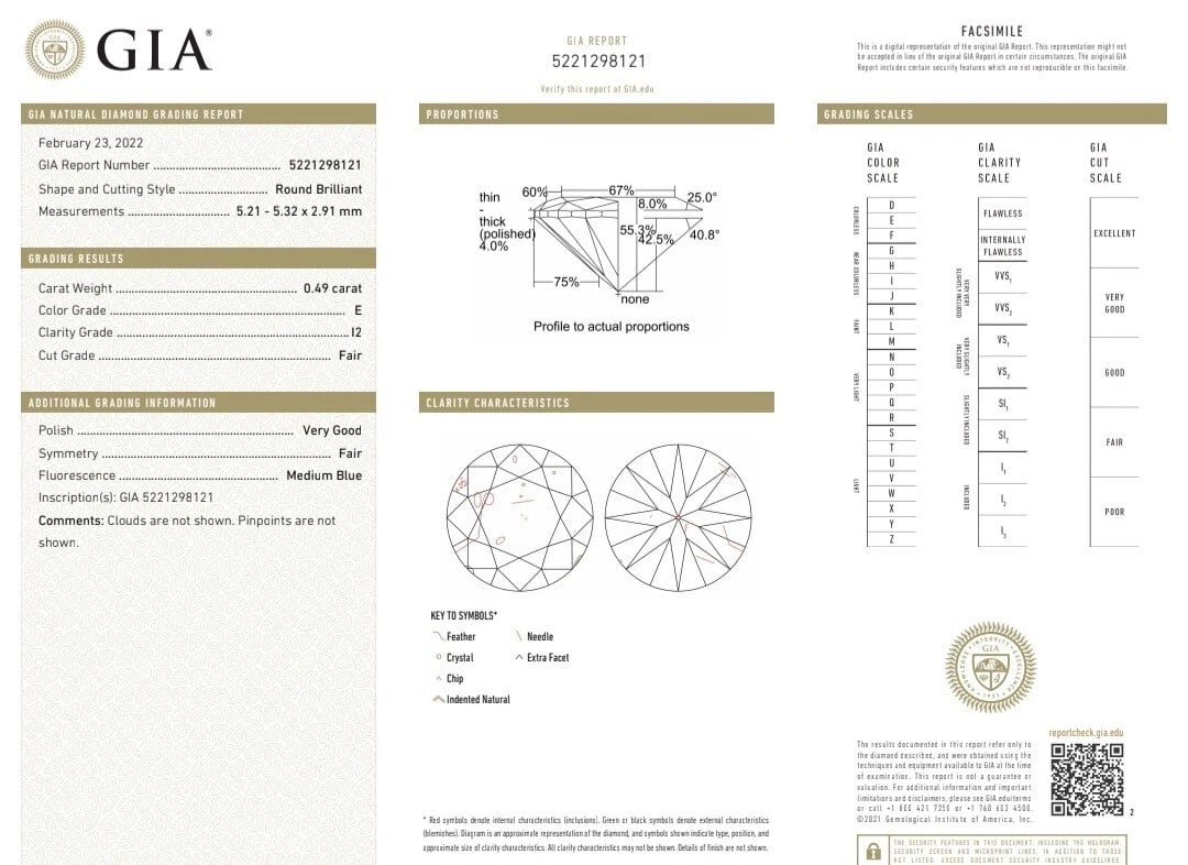 GIA Certified .49ct Natural Round Diamond solitaire ring E/I2 14kt platinum - 2
