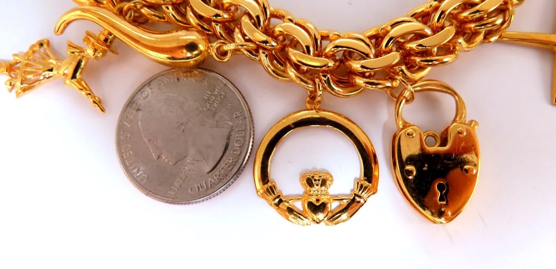 14kt 10 Charm Bracelet Fairy Horn Irish Lock Cross Jade Mary Slipper Heart - 3