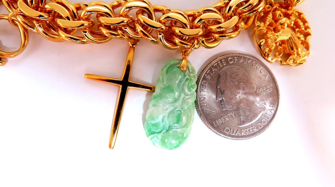 14kt 10 Charm Bracelet Fairy Horn Irish Lock Cross Jade Mary Slipper Heart - 4
