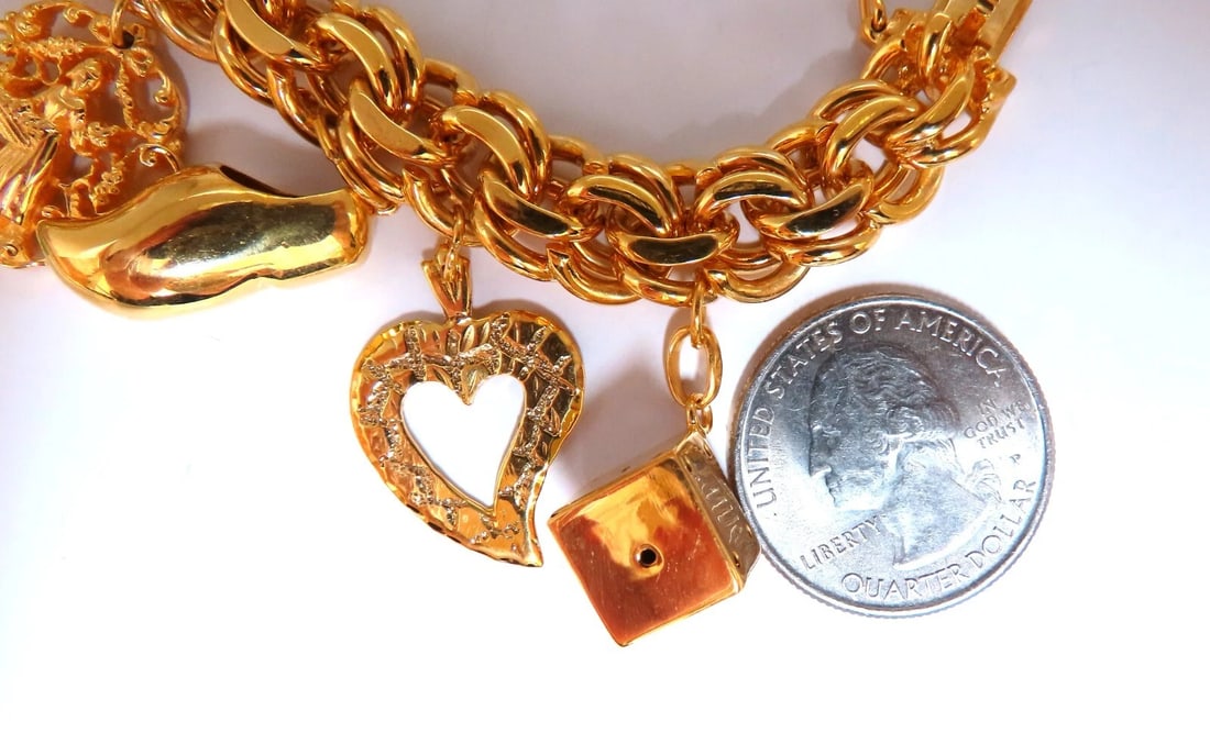 14kt 10 Charm Bracelet Fairy Horn Irish Lock Cross Jade Mary Slipper Heart - 6