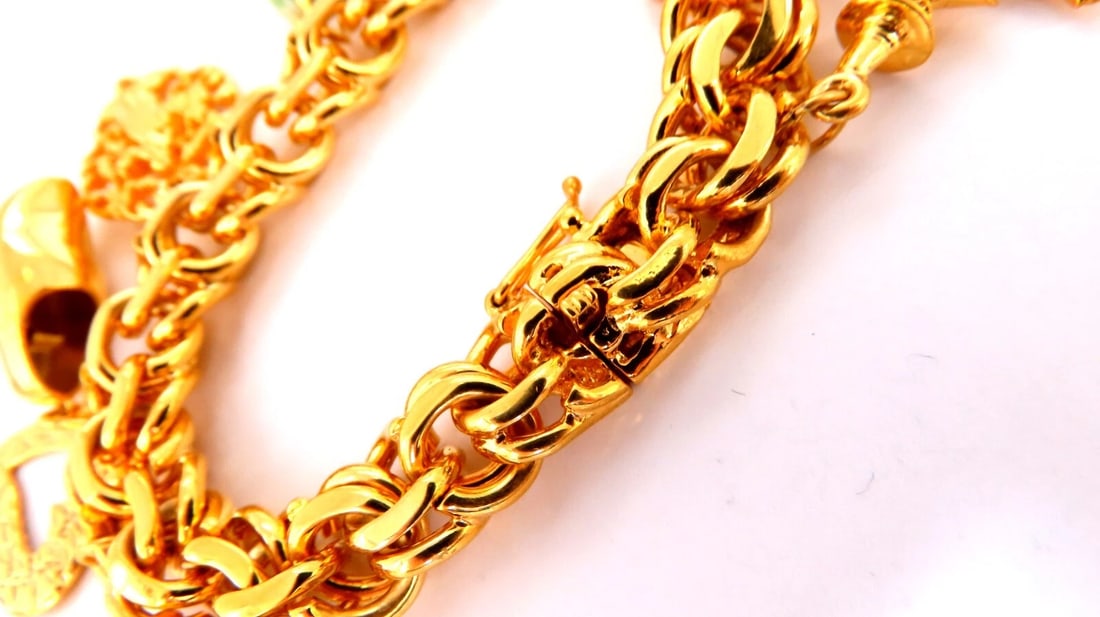 14kt 10 Charm Bracelet Fairy Horn Irish Lock Cross Jade Mary Slipper Heart - 7