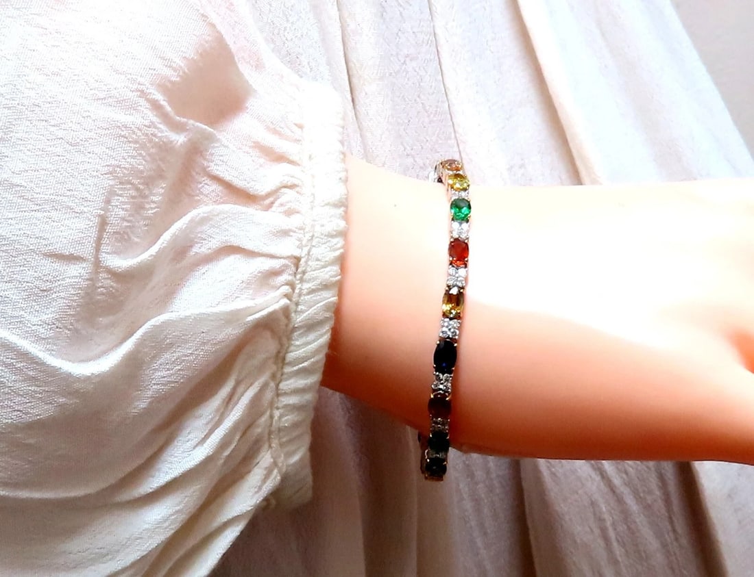 10ct Natural Sapphire Emerald Green Garnet Diamond Tennis Bracelet 14kt gold - 7