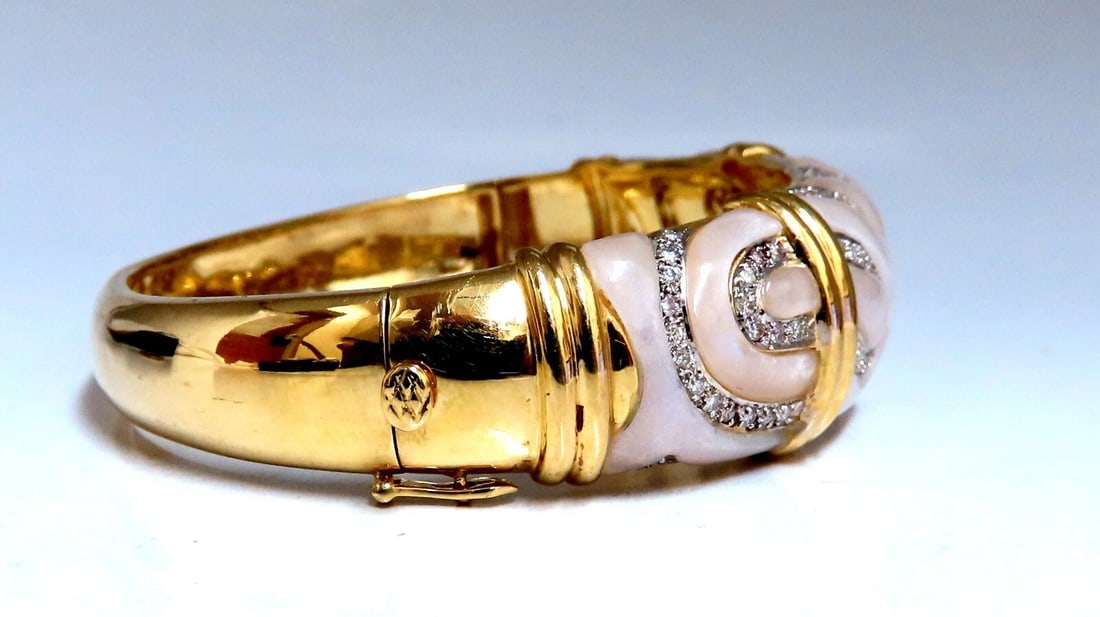 Natural Diamonds Carved Mother of Pearl Bangle Bracelet 18kt - 2
