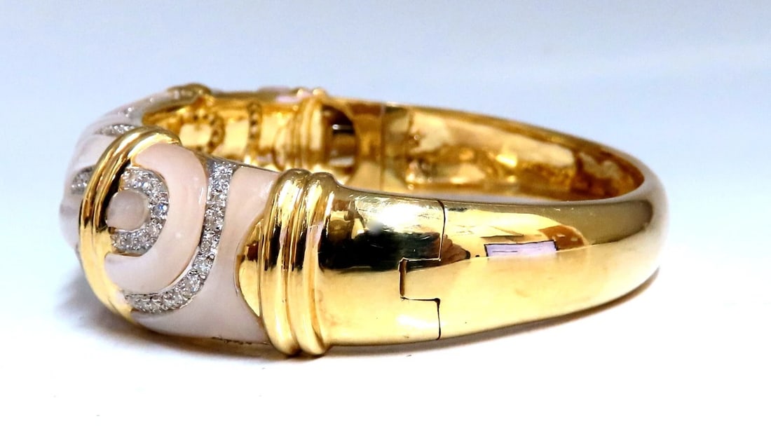 Natural Diamonds Carved Mother of Pearl Bangle Bracelet 18kt - 3