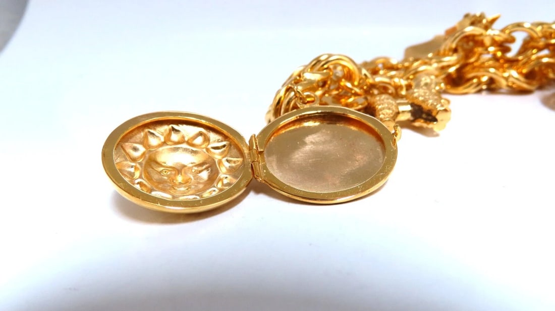 14kt Gold 6 Charm Functional Bracelet Sun Dog Windmill Frame Lilly 104gr - 3