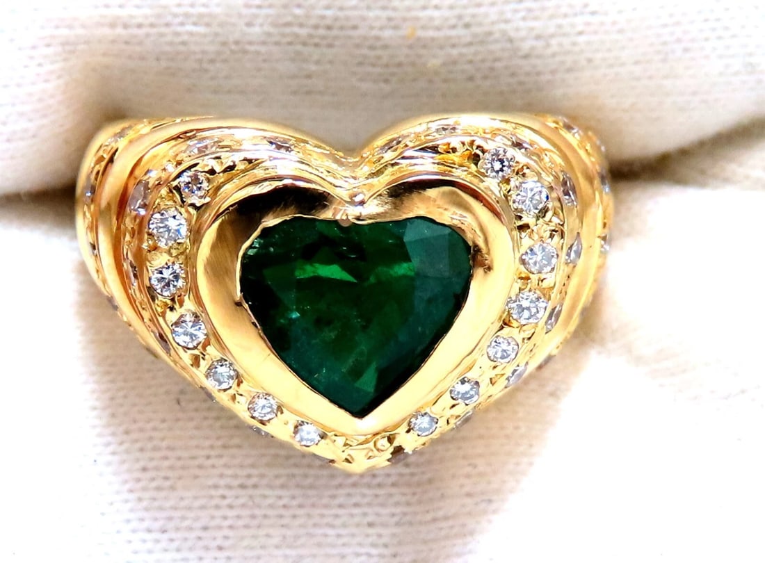 GIA Certified 1.21ct natural green emerald diamonds ring 18kt Heart Love - 4