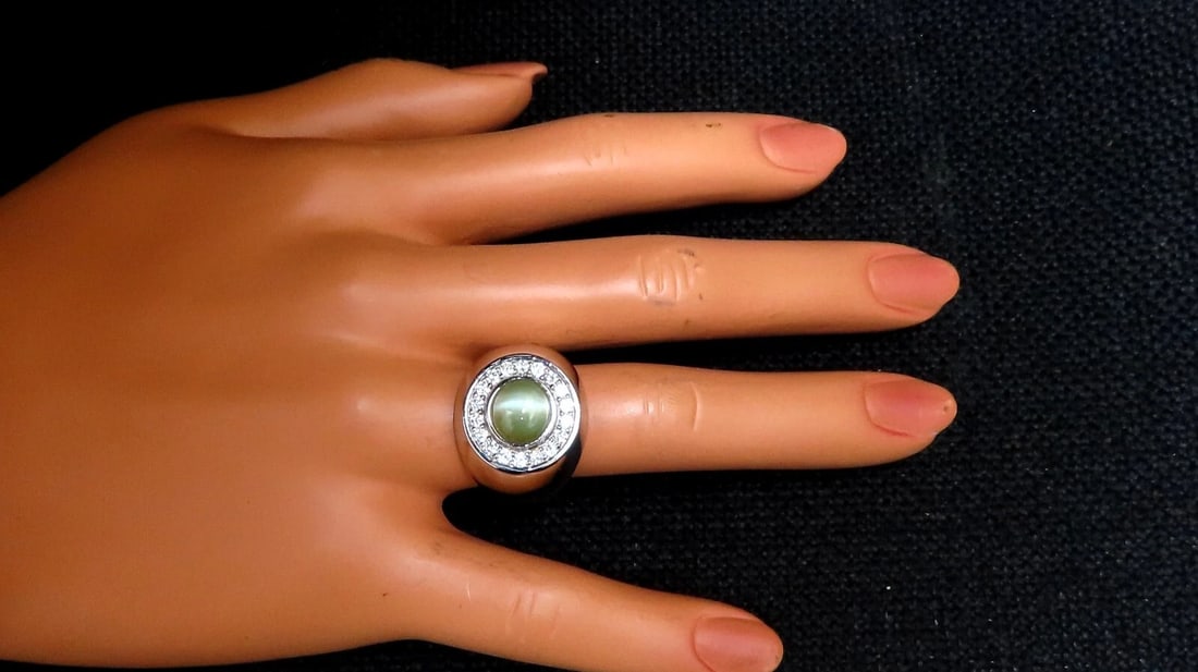 GIA Certified 4.78ct Natural Chrysoberyl Cats Eye Diamond Signet Ring 14kt - 7