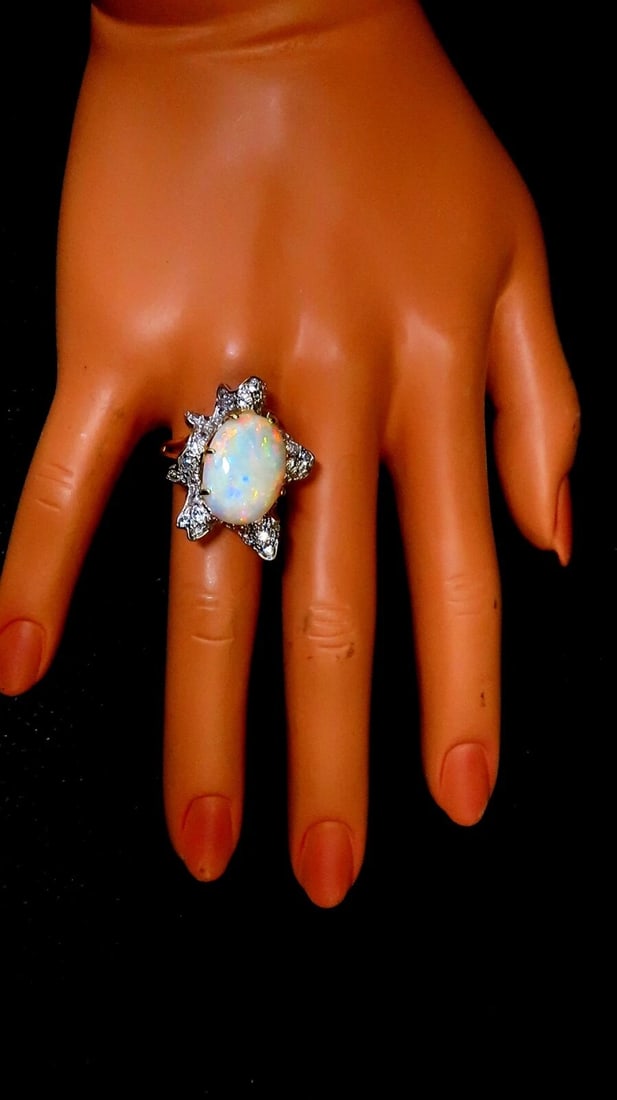 GIA Certified 8.04ct natural cabochon opal diamonds cocktail ring 14kt - 8