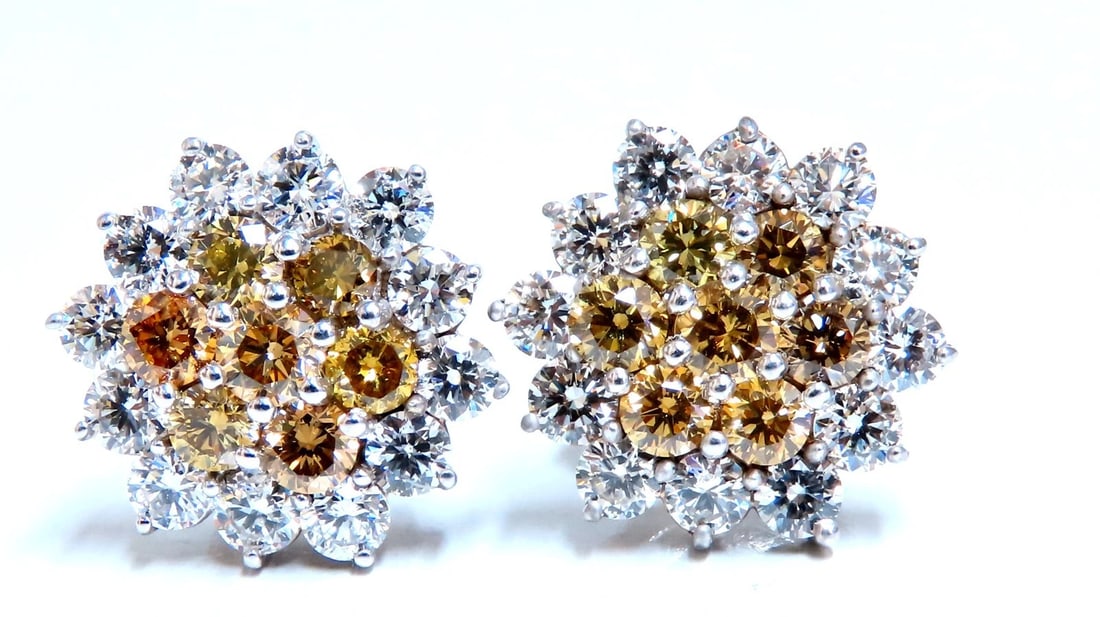 3.80ct Natural Fancy Yellow Brown Fancy Diamonds Bluster Earrings 14kt: Title: 3.80ct Natural Fancy Yellow Brown Fancy Diamonds Bluster Earrings 14kt Description: MAGNIFICENT JEWELS Cluster Stud Earrings 2.14ct. Natural White Diamonds Rounds, full cuts G-color, Vs-2
