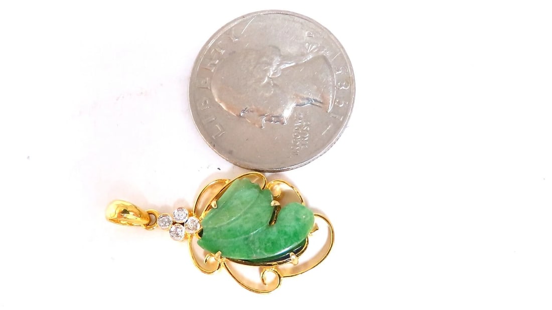 Natural Jade Carved Diamond Pendant 18kt .07ct - 2