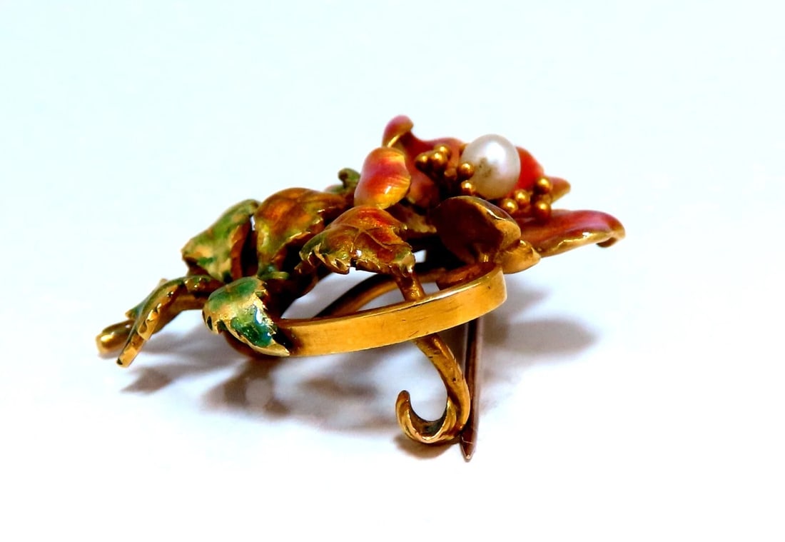 Vintage Enamel Flower Pin Seed Pearl 18kt - 2