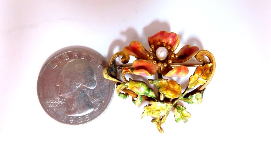 Vintage Enamel Flower Pin Seed Pearl 18kt - 5