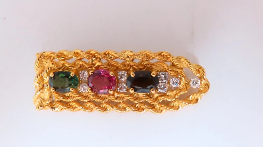 3ct. Natural Green Brown Pink Tourmaline Rope Twist .40ct Diamond Pin 14kt - 2