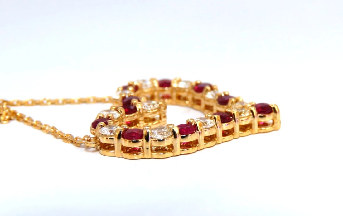 2.20ct Natural Red Ruby Diamond Open Heart Necklace 14 Karat - 3