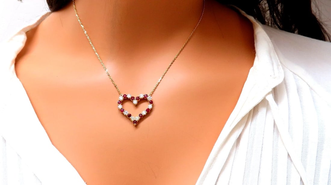 2.20ct Natural Red Ruby Diamond Open Heart Necklace 14 Karat - 5