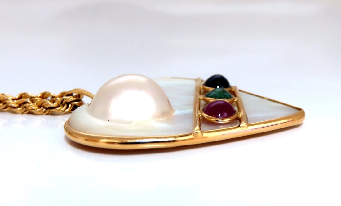 Mabe Blister Pearl Heart Shaped Necklace Rope Chain 14kt Emerald Ruby Sapphire - 2