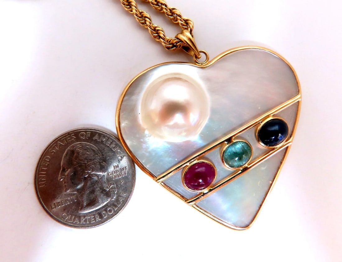 Mabe Blister Pearl Heart Shaped Necklace Rope Chain 14kt Emerald Ruby Sapphire - 3