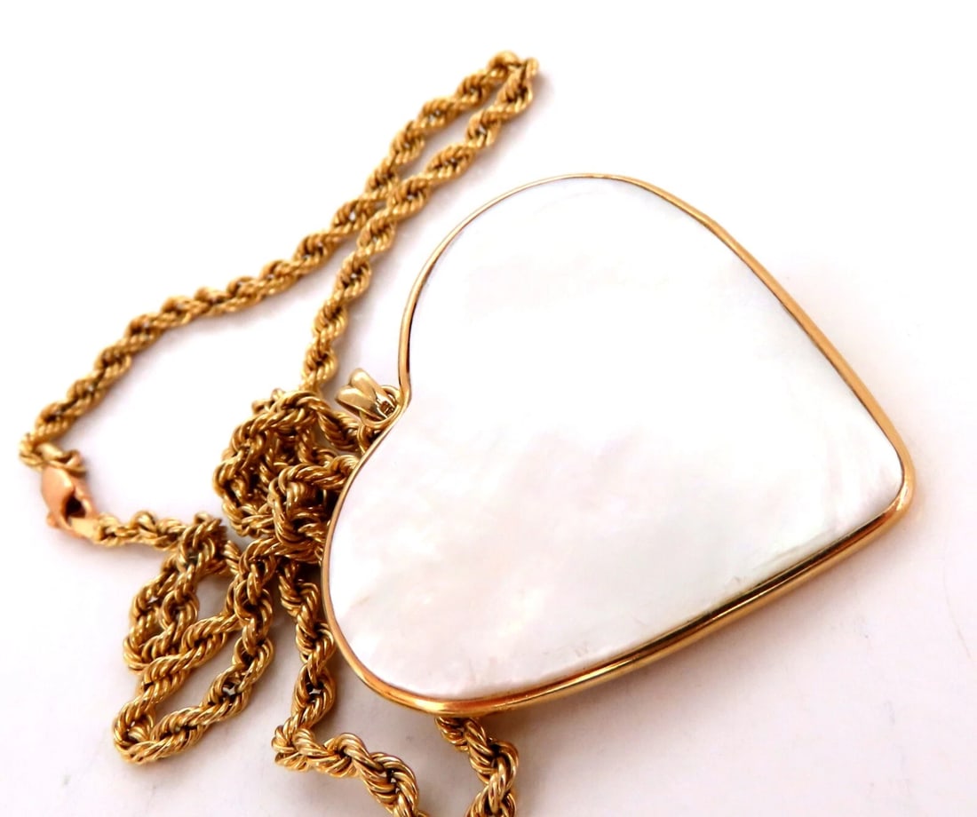 Mabe Blister Pearl Heart Shaped Necklace Rope Chain 14kt Emerald Ruby Sapphire - 6